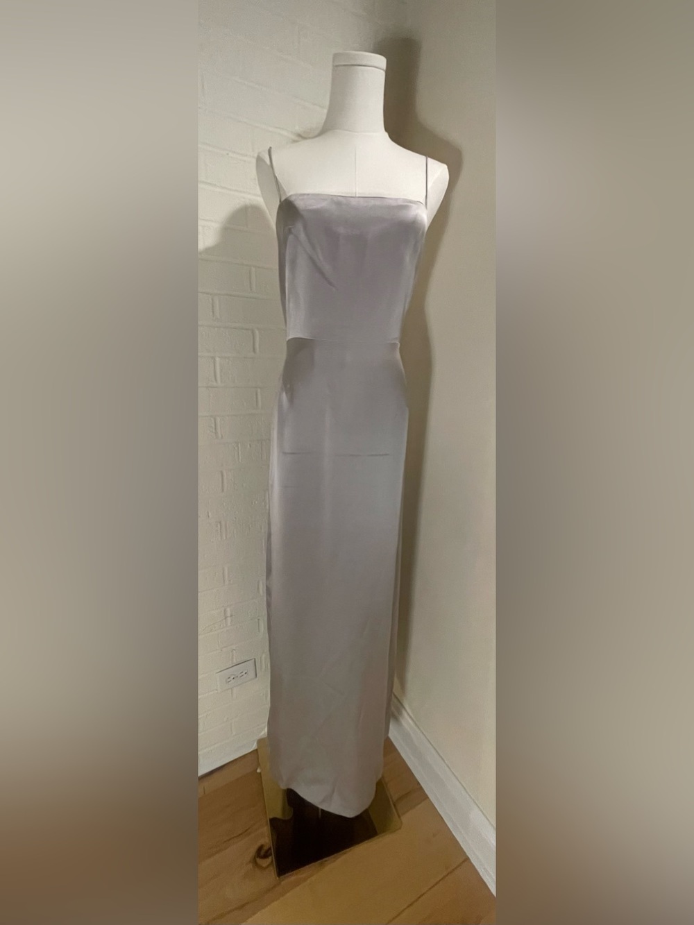 Tahari Silver Satin Spaghetti Strap Maxi Gown Size 6